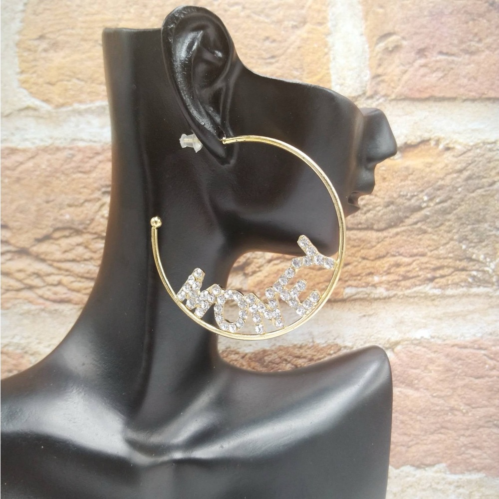 ‘Money’ Gold Hoop Earrings with Crystal Accents